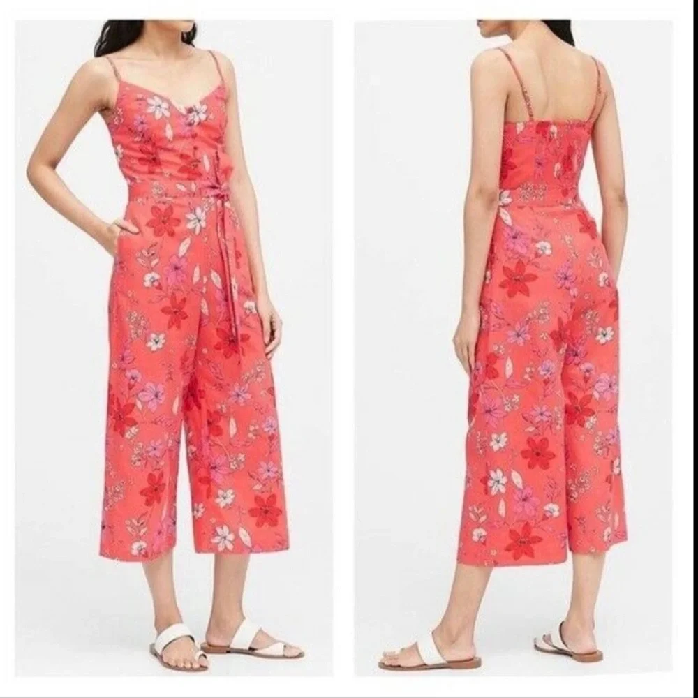 BANANA REPUBLIC LINEN FLORAL ROMPER JUMPSUIT JUMPER - 2 NEW CORAL
